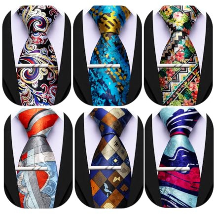 Barry.Wang Herren-Krawatten, Seide, gestreift, Paisleymuster, kariert, Blumenmuster, Seidig gewebt, Hochzeit, Business, Party, 8,5 cm, 6 Stück, Blau, Gold, Rosa, Orange, Hellblau, Magenta