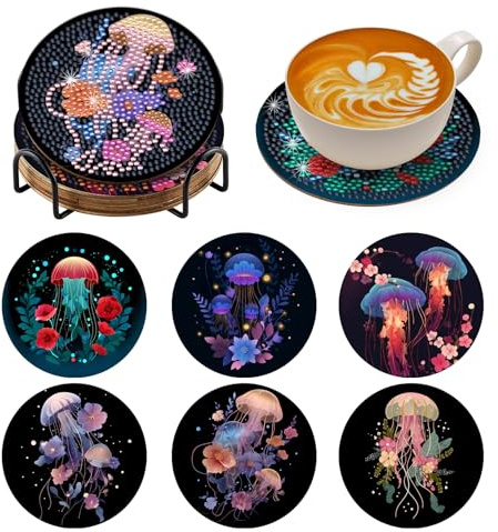 BNG Quallen Diamond Painting Untersetzer Mit Halter, 6 Stück DIY Bastel Untersetzer für Erwachsene, Kunstmalerei Sets für Frauen, Anfänger, Diamant Bastelzubehör