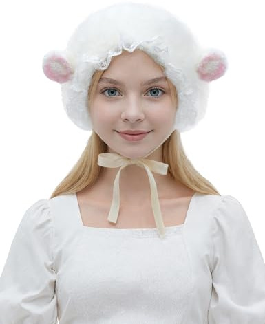 ISZPLUSH Y2K Mütze für Damen und Mädchen, Tier, Schaf, Lamm, Fleece, Mütze, Kavaii, Kopfbedeckung, Schaf-Kostüm, Bild-Requisiten, Partyzubehör, Weiss/opulenter Garten, X-Small