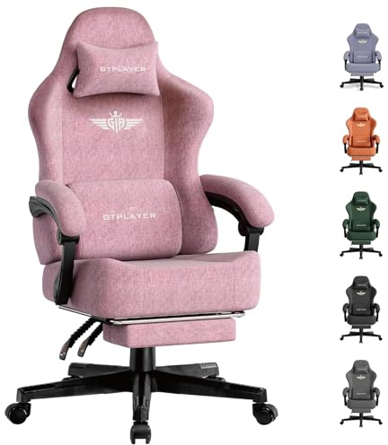 GTPLAYER Silla para Juegos, Silla de Oficina Transpirable, Silla de Oficina ergonómica, Tela, Silla ergonómica de PC, Respaldo Ajustable 160° y reposapiés Extensible, Carga 180 kg,Rosa