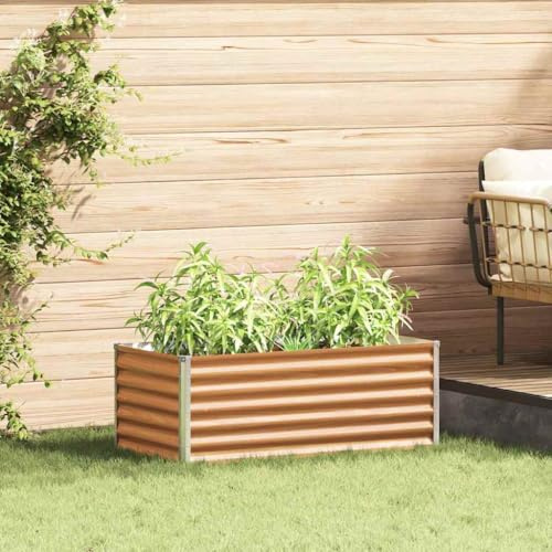 Qnhdfrt Galvanized Steel Raised Garden Bed, Light Brown | Features an open bottom for natural drainage, measuring 39x20x14 inches for patio, balcony, and backyard planting.