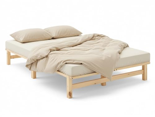 Homestyle4u Massivholzbett 120x200 Kiefer Palettenbett mit Lattenrost | Bettgestell aus unbehandeltem Kiefernholz naturbelassen, montagefreundlich, ideal für Jugend- & Gästezimmer
