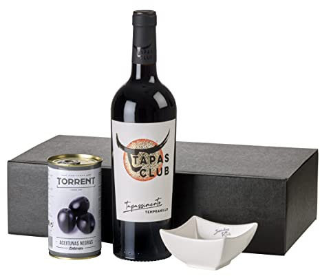 Wein-Geschenkset Tapas Club | 1 Flasche Rotwein Tapas Club Tapassimento Tempranillo trocken (0.75 l), 1 Dose schwarze Oliven und 1 Prozellanschale