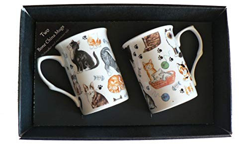 Cat Mugs - Set of 2 Bone China cat Mugs in Gift Box