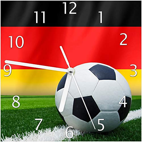 Wallario Design-Wanduhr Fußball vor Einer Deutschlandflagge aus Glas, Motiv-Uhr Größe 20 x 20 cm, weiße Zeiger