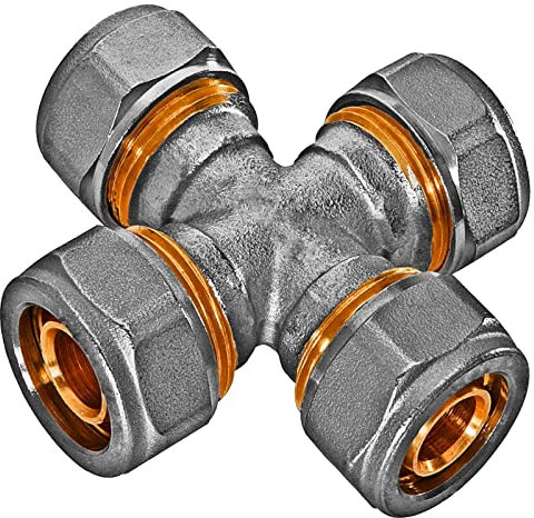 MegaHaustechnik Kreuz Stück für 16,0 x 2,0 mm Rohr Außendurchmesser x Wandstärke Mehrschicht Aluminium Verbundrohr Schraub Fitting aus Messing mit Klemmring Verschraubung Kupplung 4-fach Verbinder