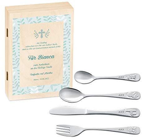 Maverton Kinderbesteck Set mit Gravur + Holzbox mit Aufdruck - mit Tieren - aus Edelstahl - Weihnachtsgeschenke - Braun - Geschenk für Mädchen zum Geburtstag zur Taufe Geburt - Zitat