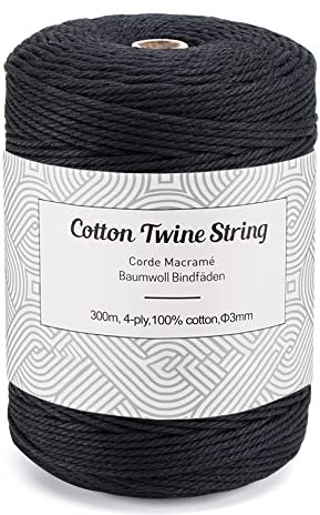 Homewit Makramee Baumwolle Garn 3 mm x 300 m Natürliche Baumwollgarn, Makramee Schwarz Kordel-Strickarbeiten Kettgarn Baumwollschnur für DIY Basteln, Handtasche, Traumfänger - Schwarz