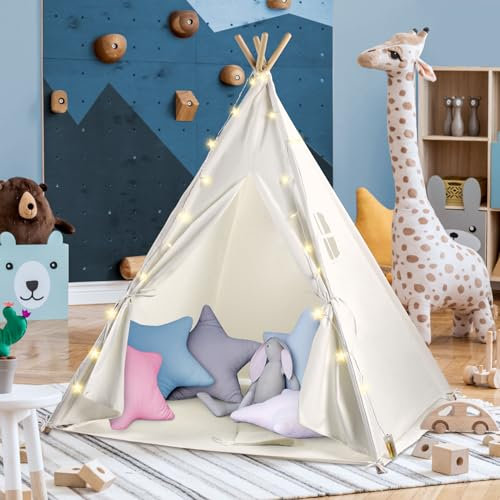Teepee Tent, Portable Foldable Children’s Play Tent, Cotton Canvas Cone Children’s Playhouse, with LED Fairy Lights