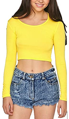 STAR FASHION Women’s Long Sleeve Crop Top Ladies Round Neck Cropped T-Shirt Short Mini Shirt Plain Printed Tops Yellow-12-14