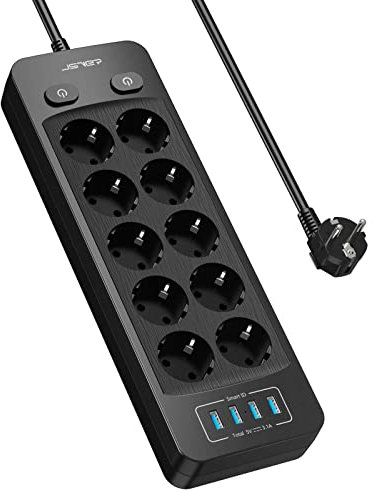 JSVER Steckdosenleiste 10 Fach mit 4 USB Ladeanschlüsse, Mehrfachsteckdose Wandmontage(3680W) Steckerleiste mit USB (5V 3,1A 15,5W),2M Kabel für Smartphones, Laptop, iPAD –Schwarz