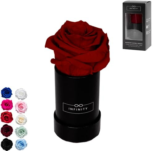 Infinity Flowerbox - 1 echte Infinity Rosen (3 Jahre haltbar ohne Wasser) - Mit Geschenkverpackung I Handgefertigt in Berlin I Geschenk für Frauen (Dunkelrote Rose in schwarzer Box)