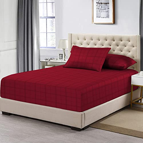 Pizuna 100% Cotton Red SuperKing Fitted Sheet 300TC Big Checks | 300 Thread Count, Long Staple Cotton Damask Bedding, 180x200cm, Fitted Sheets 40 Cm Deep Pocket Checked