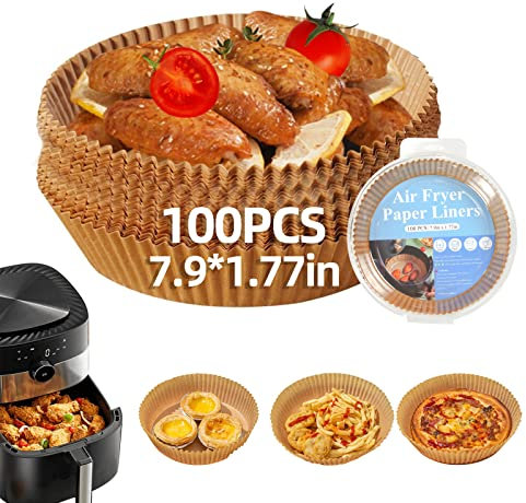 Backpapier für Heißluftfritteuse 16-20cm, 100 Stück Backpapier Airfryer Antihaft Wasserdicht Ölfest Einwegschalen Luftfritteuse Pergamentpapier Liner für Heißluftfritteuse Bratpfanne Ofen Mikrowelle
