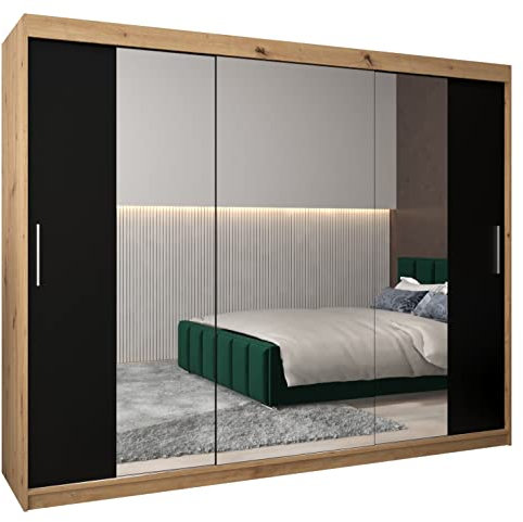 ABIKSMEBLE Tokyo 2 250 Armoire de Rangement avec Miroir à Trois Portes Coulissantes pour Chambre à Coucher - Moderne, Tringle et Étagères - 250x200x62 cm (L x H x P) - Artisan + Noir Mat