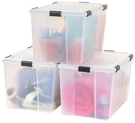 IRIS USA WeatherPro Aufbewahrungsbehälter mit Deckel, 156 l, BPA-freie Kunststoff-Dichtungsbox mit dichtem Riegel und Dichtung, stapelbar, verschachtelbare Tragetasche, transparent/schwarz, 3 Stück