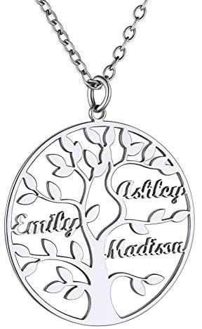 Collier Argent Arbre de Vie 3 Prenom des Enfants Personnalisé Chaine Rolo 46 cm Pendentif Femme Maman Généalogique Inoxydable Famille Cadeau Fêtes des Mères d'amitié Fille Soeur Copine