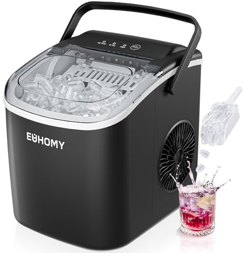 EUHOMY Máquina para hacer hielo de encimera con asa, 26 libras en 24 horas, 9 cubitos de hielo listos en 6 minutos, máquina de hielo portátil de limpieza automática con cesta y cuchara, para el