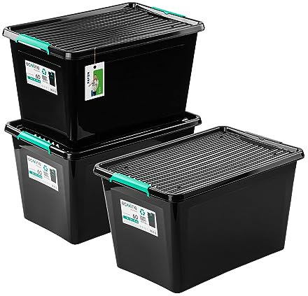 PAFEN 3x Aufbewahrungsbox auf Rädern Öko-Linie 60L - 58,5 39,5 x 35 cm - Boxen Aufbewahrung Stapelboxen mit Verschlussclips Kunststoffbehälter Kleiderboxen Organizer | Schwarz