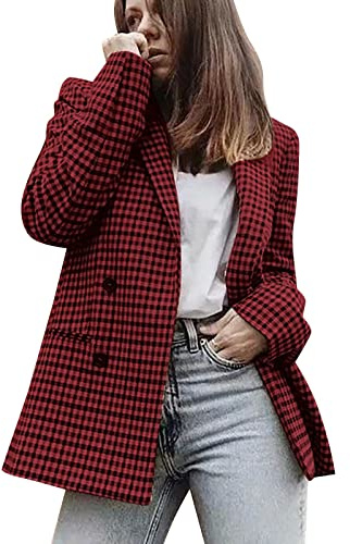 Blazer vintage elegante para mujer, abrigo blazer con solapas de doble botonadura, blazer boyfriend, trajes, chaqueta abrigo a cuadros con pata de gallo con codo aplicado, cárdigan ajustado de