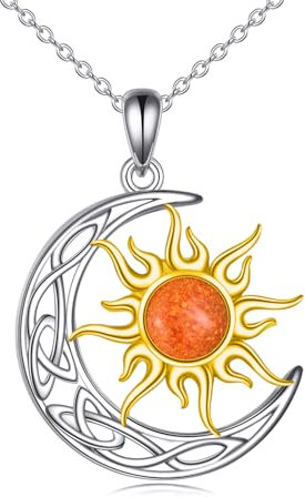 YAFEINI Sonne und Mond Kette Damen 925 Sterling Silber Gold Keltischer Mond Anhänger Halskette Rot Opal Sonne Schmuck Geschenk