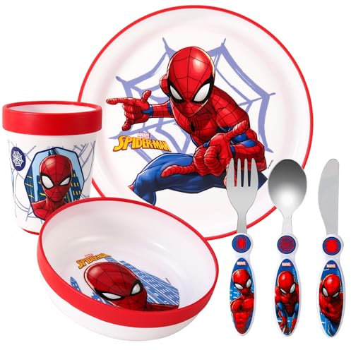 Spiderman Kids 6 Piece Reusable Dinner Set - Plate/Bowl/Cup/Knife/Fork/Spoon - Childrens Dinnerware Tableware Cutlery Set