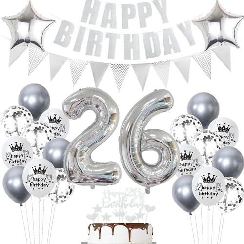 Geburtstagsdeko 26 Jahr Silber,Luftballon 26. Geburtstag Silber,Ballon 26. Geburtstag Silber,26 Party Mädchen Jungen,26 Luftballons Silber, 26 Jahr Ballon 26 Tortendeko