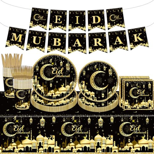 Poqirzan 98 Pieces Party Plates Set Serve 16 (Eid Mubarak)
