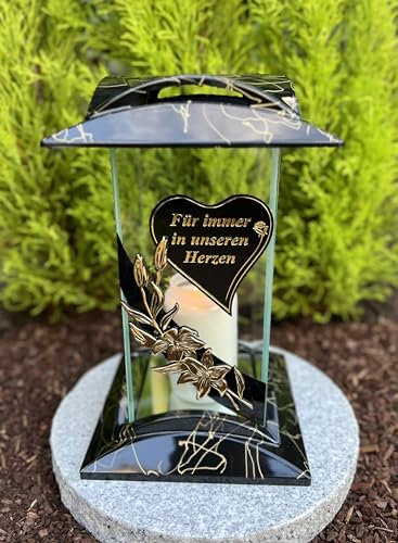 Grablampe 27 cm H. Grablicht Grabdekoration mit handgemalter Marmor-Effekt Grabstein Grabschmuck Gartenlampe incl. Grabkerze.