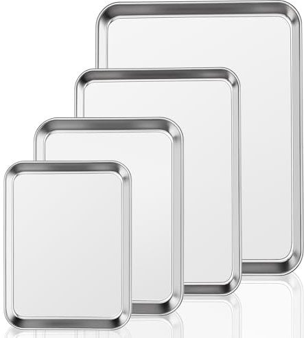 Baking Tray Set of 4, Essentials Stainless Steel Oven Sheet Sets, Rimmed Pan Baking Sets -Healthy & Non Toxic, Easy Clean & Dishwasher Safe (Large Size)