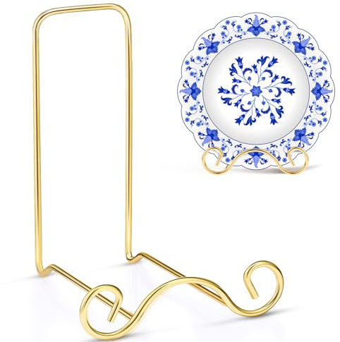 Baderke Wrought Iron Bowl Deep Platter Stand Detachable Metal Scroll Display Rack Easel Metal Bowl Display Stand Decorative Display Holder Dish Picture Display Easel, 6.5 H x 4.7 W x 5 D(Gold)
