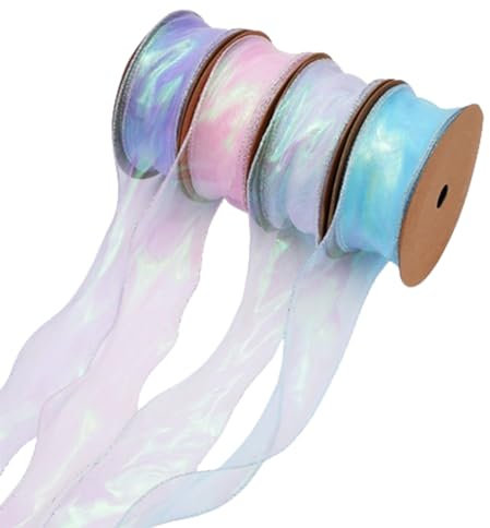 Wisafory 40 Yards Organzaband Dekoband Geschenkband Schimmernd Organza Band mit Drahtkante Schleifenband Stoffband Organza Bänder Bastelband für Blumensträuße Geschenkverpackung 4 Farben 4cm