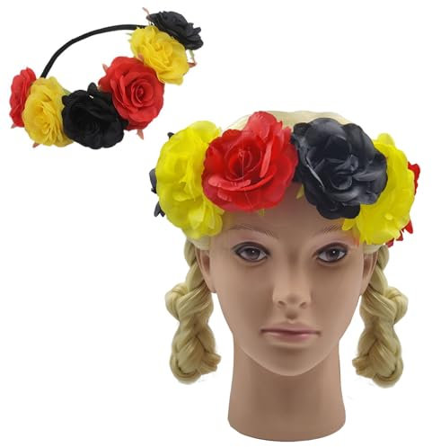 Norhogo Rose Floral Crown Girlande Blume Stirnband Kopfbedeckung für Hochzeit Festival, Blumenstirnband für Braut, Haarschmuck für Sportbegeisterte beim Stadionbesuch Accessoire schwarz gelb rot