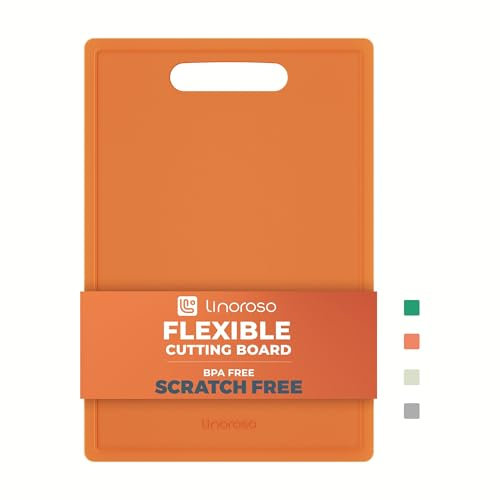 Linoroso Schneidebrett Kunststoff - BPA-frei Flexibles Frühstücksbrettchen Küchenbrett - Kratzfest, leicht und tragbar - 25x35 cm Obstbrett mit Saftschlitz Spülmaschinenfest - Orange