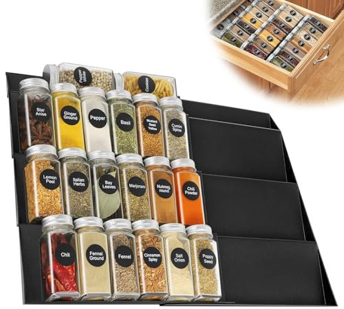 Farerkass Especiero Cajon Extensible de 30cm a 60cm, Organizador Especias Cajon con 4 Niveles, Especieros para Cocina Cajon, Organizador de Especias para Cocina, Diferentes Anchos de Cajones, Negro