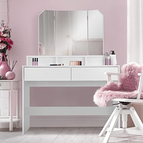ML-Design Schminktisch, Frisiertisch mit 3-tlg. Klappspiegel und 2 Schubladen, 100 x 40 x 140 cm, Weiß, modern, Kosmetiktisch mit 3 offenen Fächern, Frisierkommode Schminkkommode Kommode Make-Up Tisch