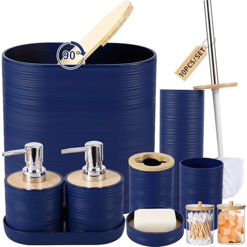 XLHOMO Ensemble d'accessoires de salle de bain bleu marine avec poubelle, 2 distributeurs de savon, porte-savon, porte-brosse à dents, gobelet à brosse à dents, brosse de toilette, plateau et supports