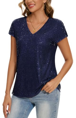 MINTLIMIT Shirt Damen Kurzarm Pailletten Glitzer Tops V-Ausschnitt Bluse Locker Tunika Lose (Marine M)