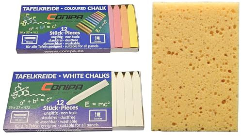 Conipa® - 24 Stück Tafelkreide Set (12 x Weiß + 12 x Bunt + Schwamm) 12 x 90 mm abwaschbar & staubfrei mit Box - Tafel Kreide Lehrer für Schule & Gastronomie - Wandtafelkreide & Schulkreide (dünn)