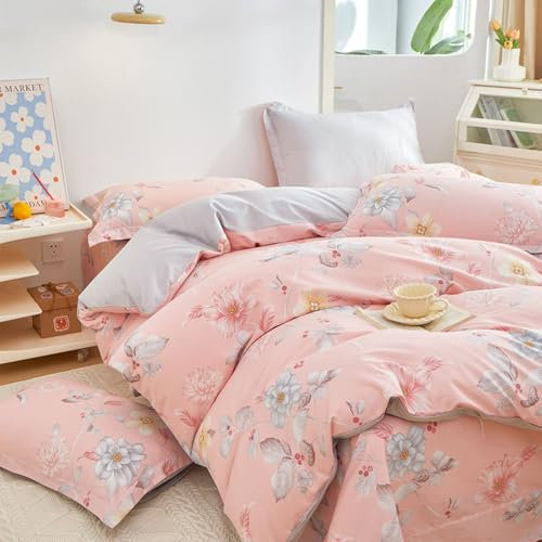 Nyescasa Housse de Couette 240x260 Rose et Gris Fleurie Feuille Floral Réversible Parure de lit Adulte 2 Personnes en Microfibre Fleurs Housse Couette avec Fermeture Éclair et 2 Taies d'oreiller 65x65