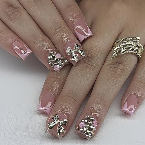 French Tip Press On Nails 24Pcs - Short Square Fake Nails with Glue, Acrylic Full Cover False Nails with Bow- Reusable Stick On Nail for Women & Girls, Wedding & Daily Use - DIY Nail Art