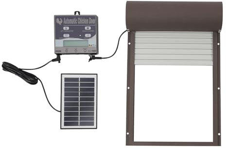 Automatische Hühnertür mit Fernbedienung, Wasserdicht Elektrische Hühnerklappe mit LCD Display, Timer und Lichtsensor, 4 Modi Hühnerklappe Solar, Intelligenter Einklemmschutz (Braun)