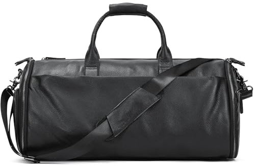 LUUFAN Echtes Leder Garment Bag Großes Fassungsvermögen Reisetasche Business Suit Carrier Bag mit Schuhfach, Männer Frauen Duffel Taschen für Overnight Gym Sports Weekend, Schwarz