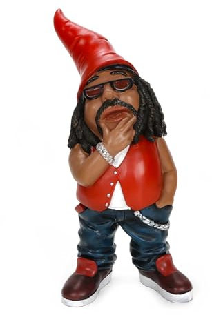 Großer Gartenzwerg „Mr. Cool“ im Rock‘n Roll- oder Rasta-Outfit je mit Zipfelmütze, Sonnenbrille, Jeans und Bart, für Balkon, Terrasse oder Garten, wasserfest, aus Polyresin, Höhe ca. 35 cm (Rot)