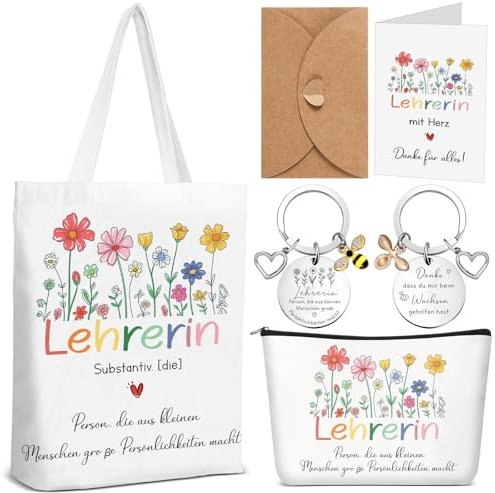 Xuniea Dankeschön Geschenke für Lehrer Enthalten Umhängetasche Stofftasche Kosmetiktasche Schlüsselanhänger Grußkarte mit Umschlag Abschiedsgeschenk für Erzieherin Lehrertag Absolvent