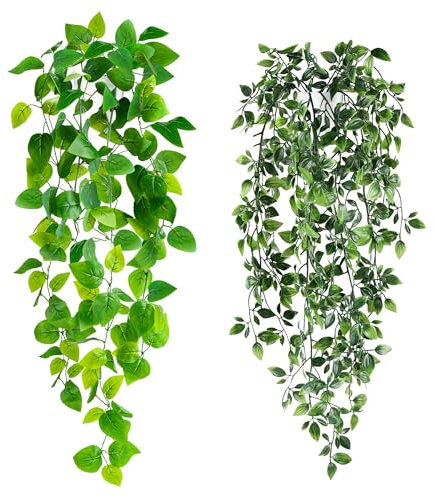 BTSD-home 2 Pack Artificial Hanging Plants with Pots Fake Plants for Indoor Outdoor Home Wall Shelf Patio Office Decor