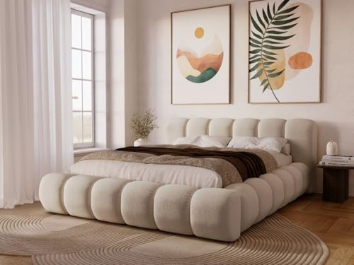 GRAINGOLD Doria Bett 140x200, Polsterbett mit Bettkasten, Polsterbett mit Stauraum, Velour, mit Lattenrost, mit Kopfteil, ohne Matratze (Beige, 140x200)