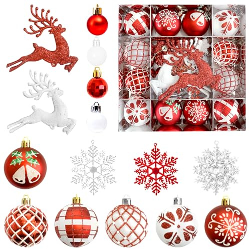 Weihnachtsdeko Set – 45 Weihnachtskugeln Rot Weiß, Christbaumkugeln Kunststoff Bruchsicher, Weihnachtsbaum Deko, Weihnachtsbaumschmuck Set, Große Weihnachtskugeln für Baum Dekoration
