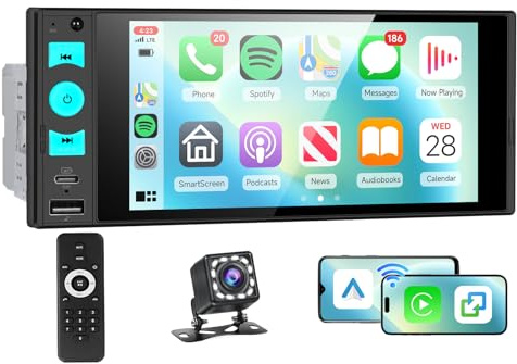 Hodozzy Estéreo de coche de un solo DIN con enlace inalámbrico CarPlay Android Auto Mirror, pantalla táctil Incell de 6 pulgadas, 1 DIN, reproductor MP5, Bluetooth, FM EQ SWC, retroiluminación