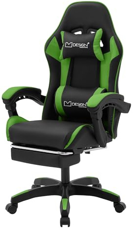 ML-Design Sedia da Gaming Ergonomica in Similpelle Verde, Poggiapiedi, Braccioli, Poggiatesta, Cuscino Lombare, Stile Racing, Poltrona da Gioco Girevole e Regolabile, Ideale per Scrivania o Ufficio